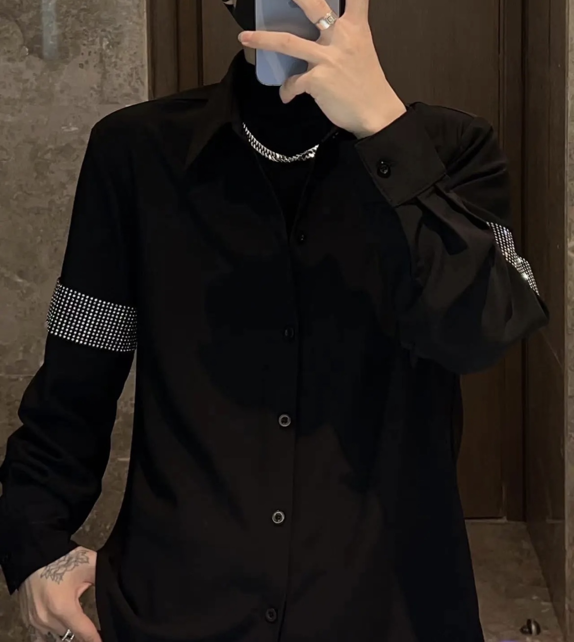 高级感冰丝长袖衬衫男袖箍镶钻设计感流行韩版发型师免烫衬衣宽松