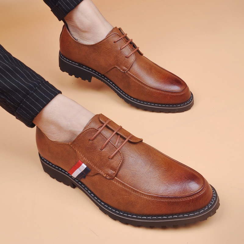 棕色复古韩版流行男士休闲尖头皮鞋系带内增高商务发型师潮鞋婚鞋