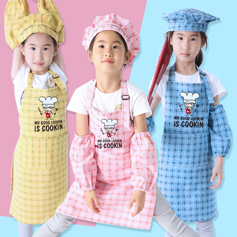 夏季透气儿童围裙卡通绘画厨师服帽套装美术定制logo烘焙小孩围兜