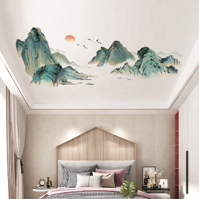 中国风山水风景画天花板装饰贴纸房间卧室墙纸自粘壁纸墙贴画遮丑