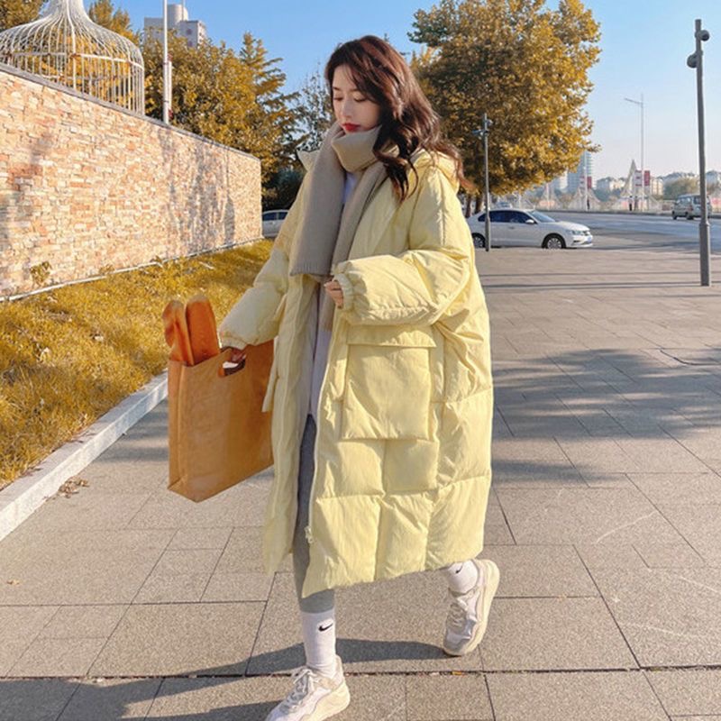 奶黄色羽绒棉服女中长款2024冬季新款韩版宽松棉衣加厚保暖外套潮