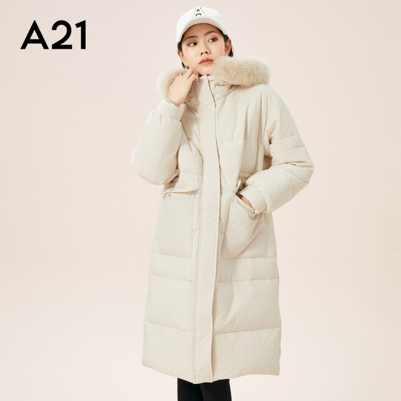 A21女装休闲连帽中长款夹棉外套厚冬季新款显瘦毛领直筒棉服