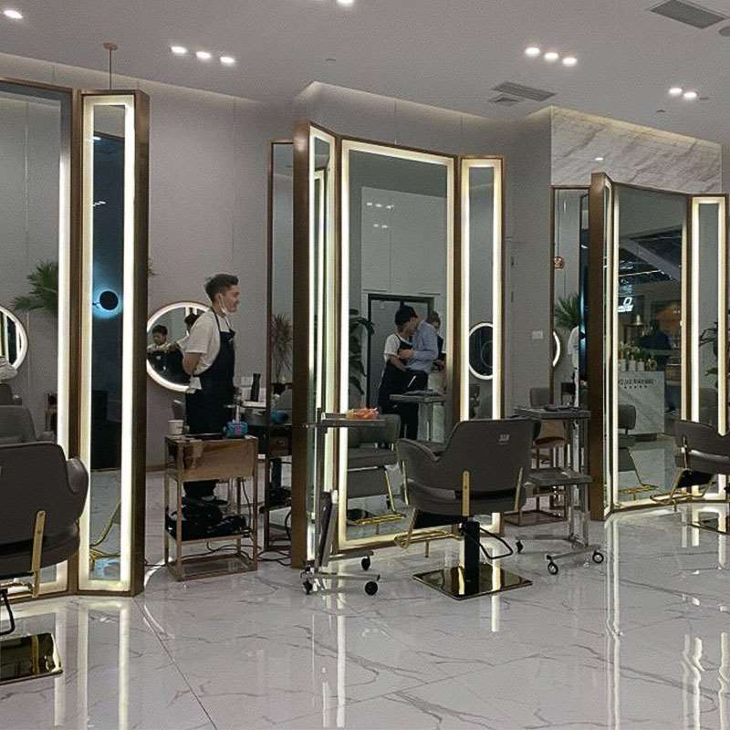 新款3AM理发店镜台发廊专用剪发镜子不锈钢边框带灯约美发镜台