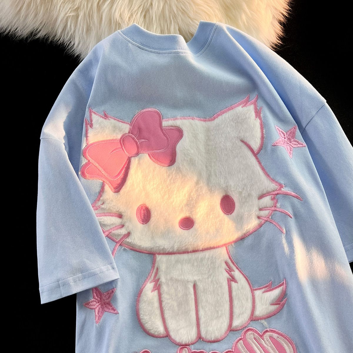日系复古可爱kitty猫设计感短袖t恤女款宽松情侣超好看的情侣装潮