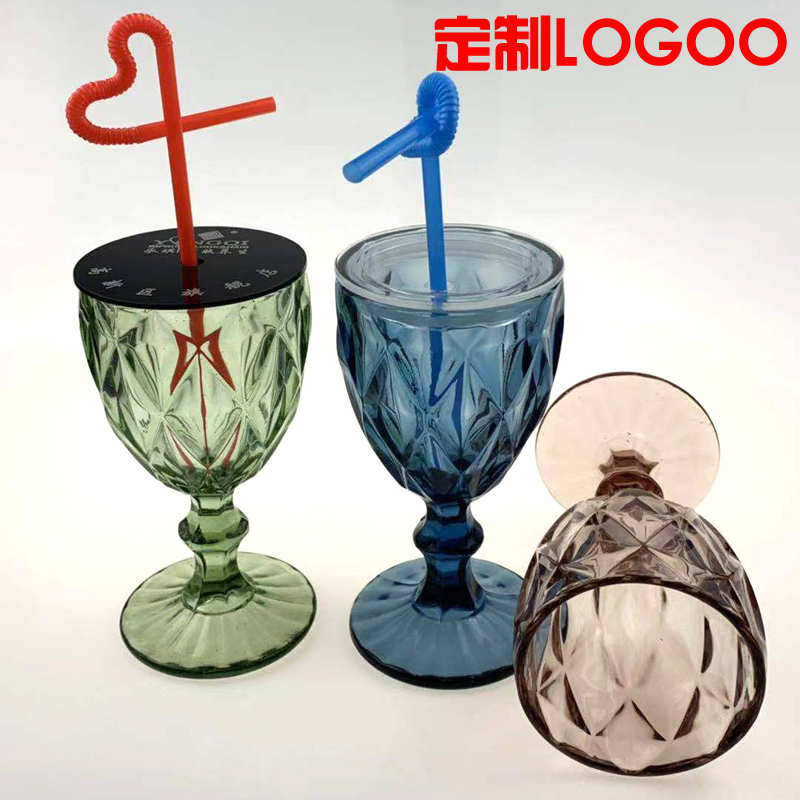 定制LOGO店名玻璃杯彩色高可插吸管水杯带盖美发杯子黑盖透明盖子
