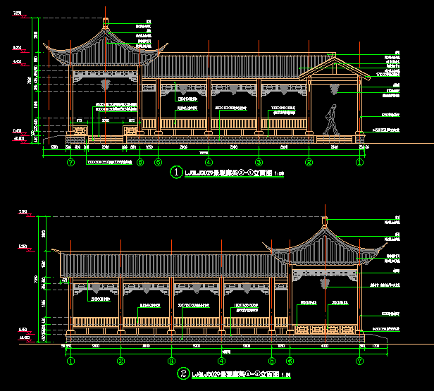 景观廊架古建长廊详图做法CAD施工设计图仿古四角亭风雨连廊图纸