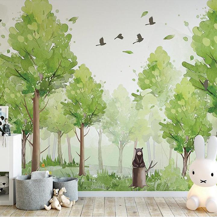 现代简约小清新壁纸田园手绘森林壁画幼儿园儿童房背景墙纸3d墙布