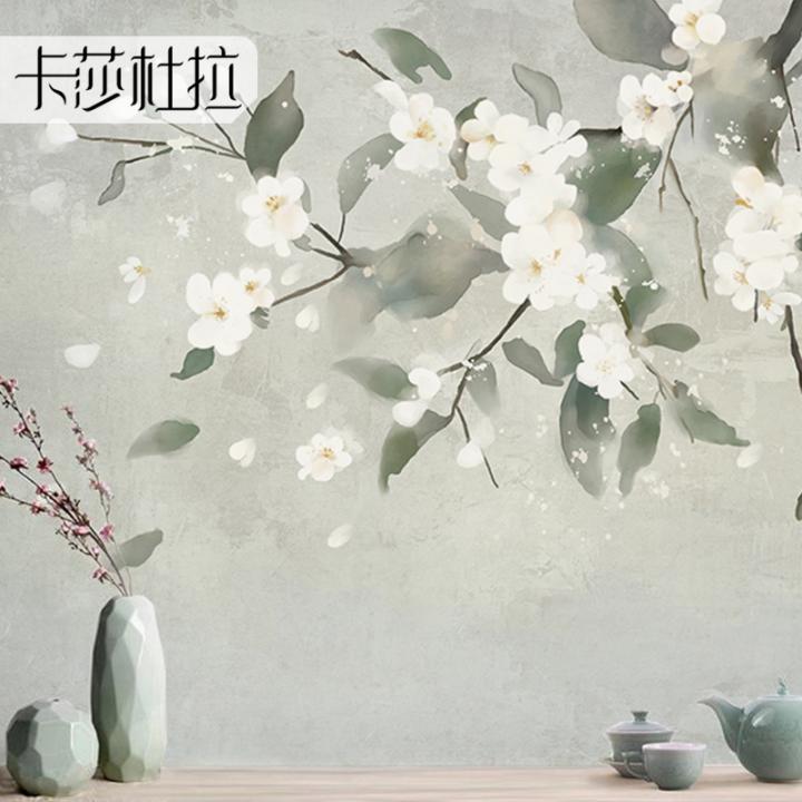新中式工笔古典花卉墙纸客厅电视背景墙壁纸古风简约淡雅定制壁画