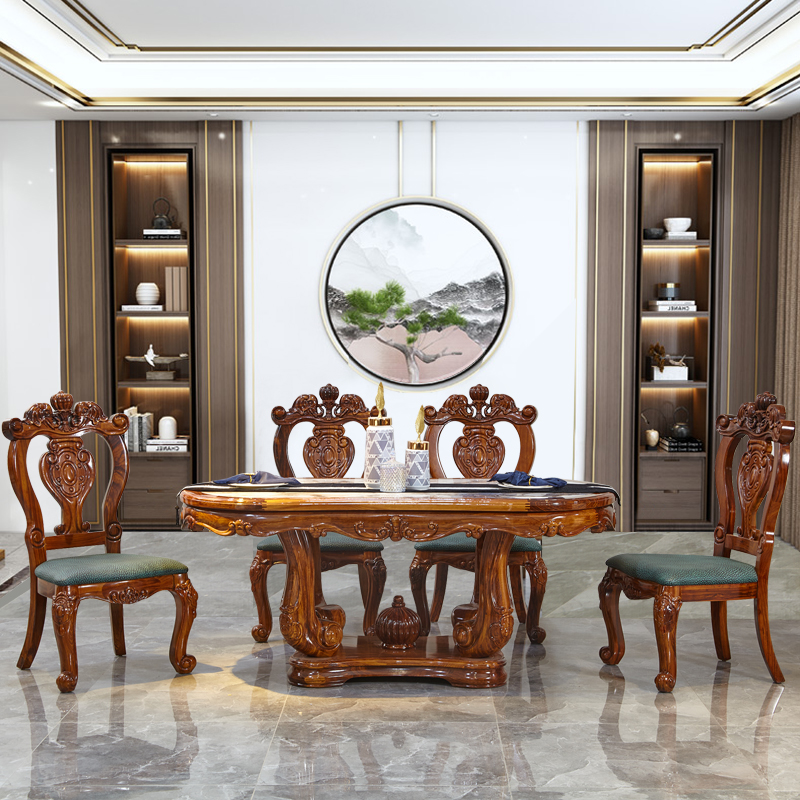 欧式乌金木餐桌天然大理石吉象椭圆饭桌奢华餐厅美式长餐桌椅组合
