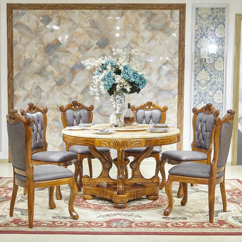 乌金木圆餐桌椅组合高端轻奢欧式美式别墅家家具饭桌大理石