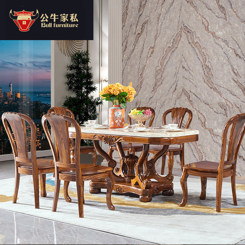 乌金木家具美式大理石餐桌 欧式餐桌长方形实木饭桌别墅家用餐厅