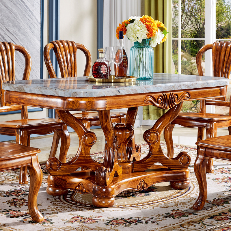 乌金木方餐桌高端欧式实木天然大理石别墅餐厅组合大平层美式家具