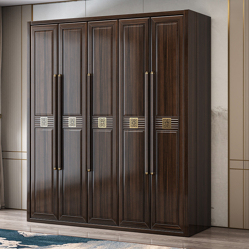 速发乌金木实木衣柜四门对开新中式木质家用卧室现代简约储物柜子