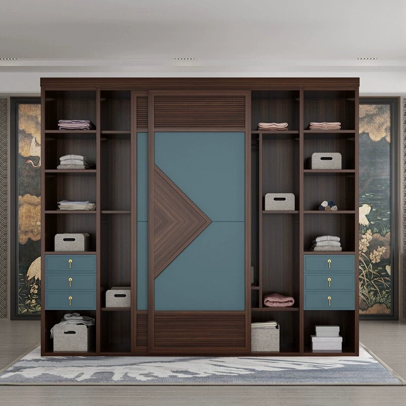 新中式乌金木全实木推拉门衣柜现代简约储物柜卧室对开门衣柜家具