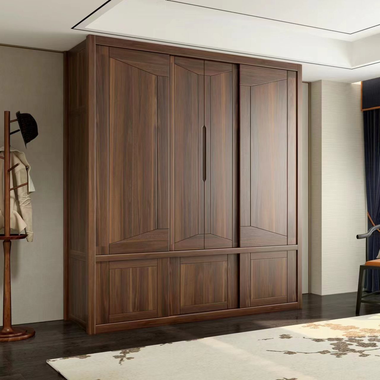 新中式乌金檀木纯实木衣柜卧室开平移46门大容量衣橱现代家用收纳