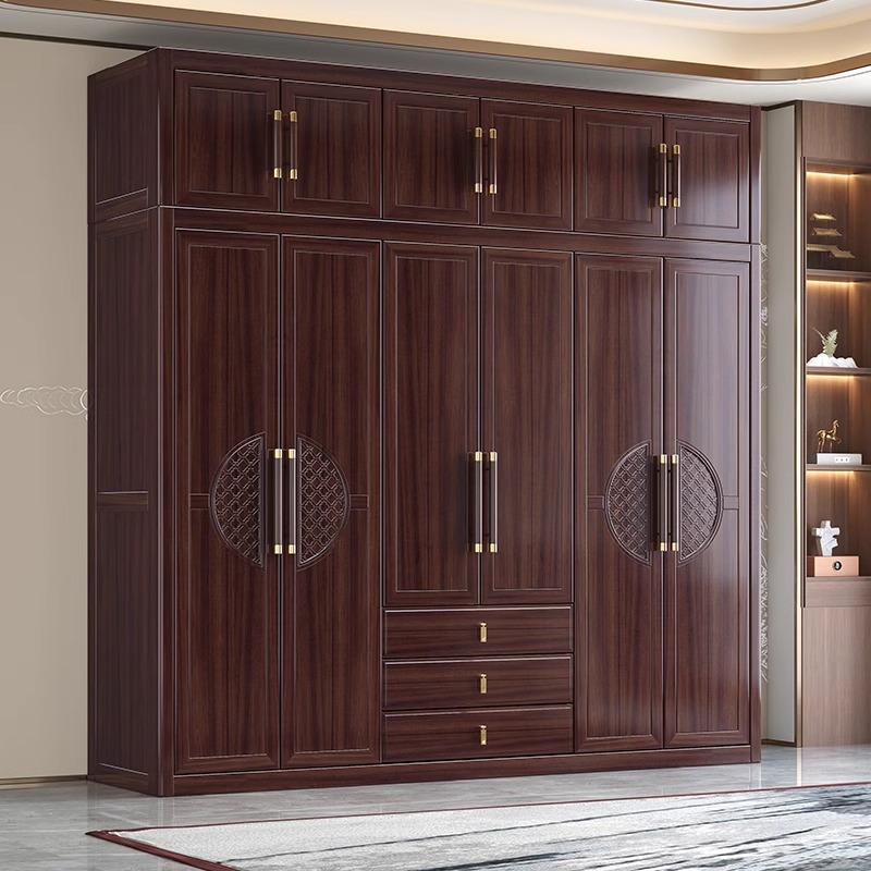 新中式乌金木衣柜家用卧室大衣橱柜子对开门全实木带抽屉储物柜