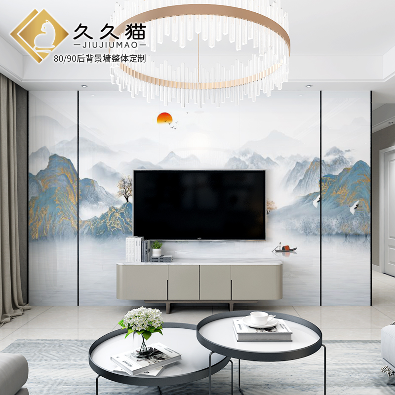 新中式定制客厅山水画岩板电视墙沙发大理石水墨背景墙微晶石瓷砖