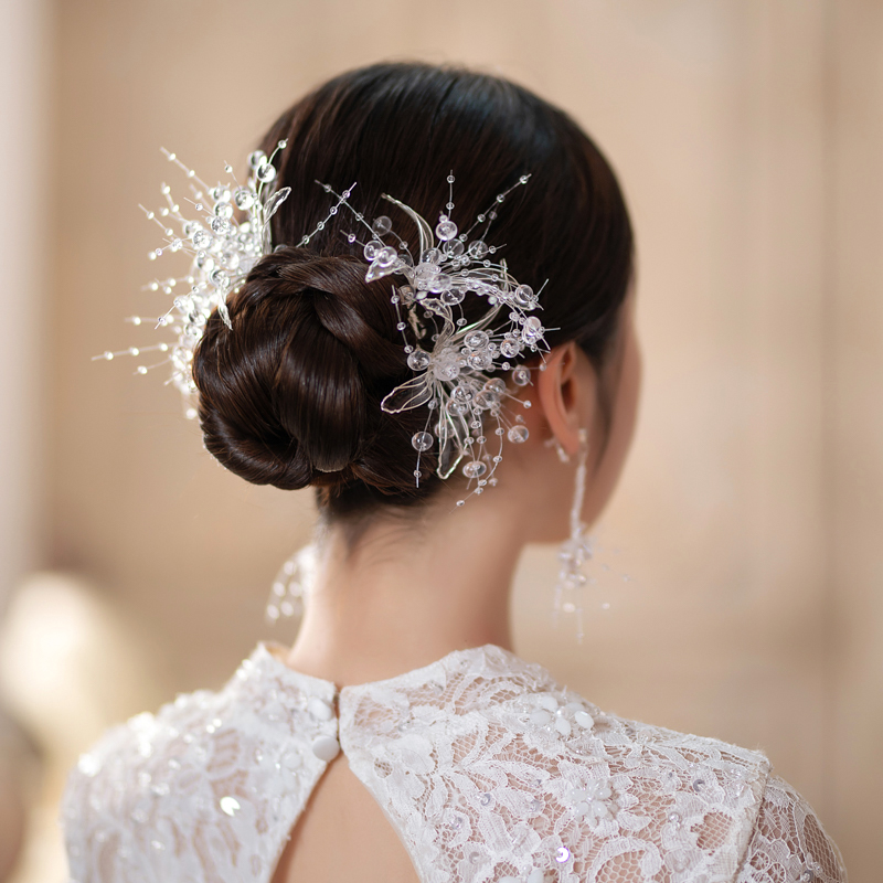 韩式新娘时尚水晶造液花发夹头饰套装跟妆舞台旅拍造型发饰雪蓉