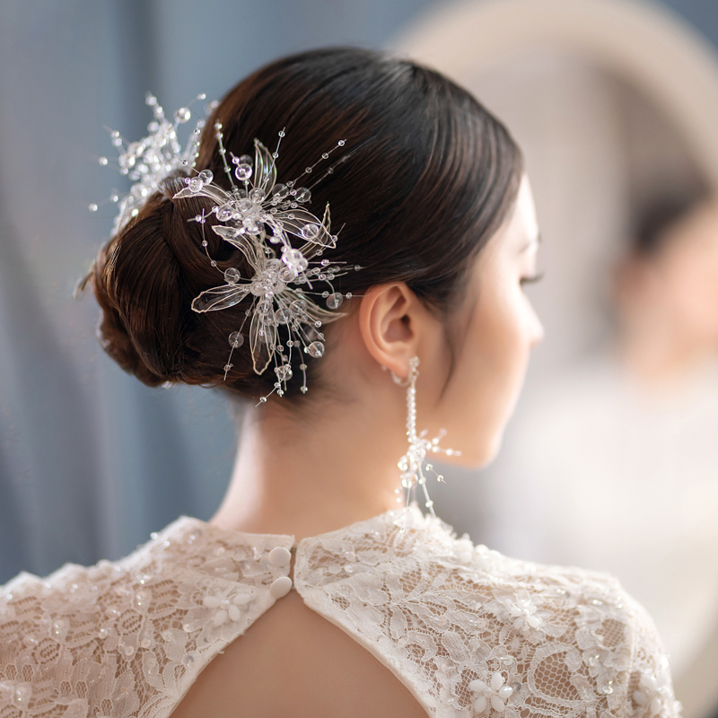 新娘头饰新款韩式透明造液花朵头花森系旅拍仙气结婚纱发簪雪蓉