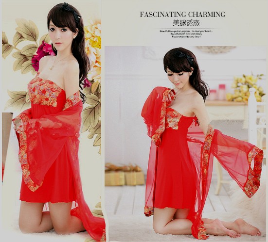 古代唐朝女士睡衣居家服贵妇妃子浴袍网纱透明吊带裙两件套装性感