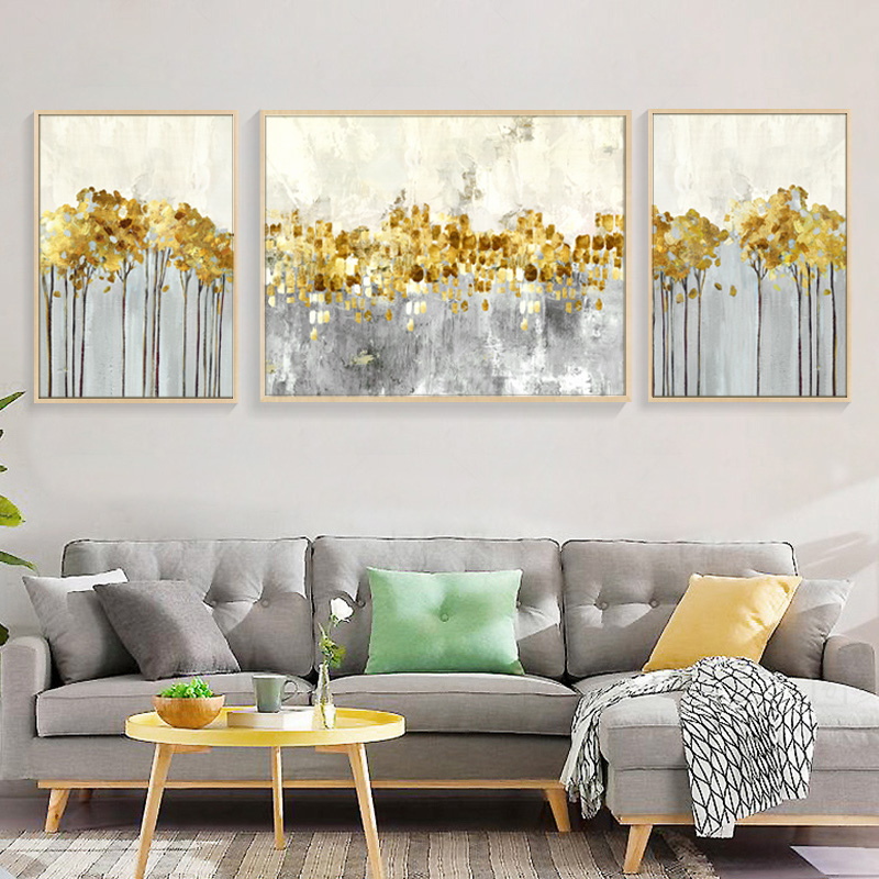 客厅抽象装饰画餐厅美式轻奢三联壁画沙发背景墙金色大气组合挂画