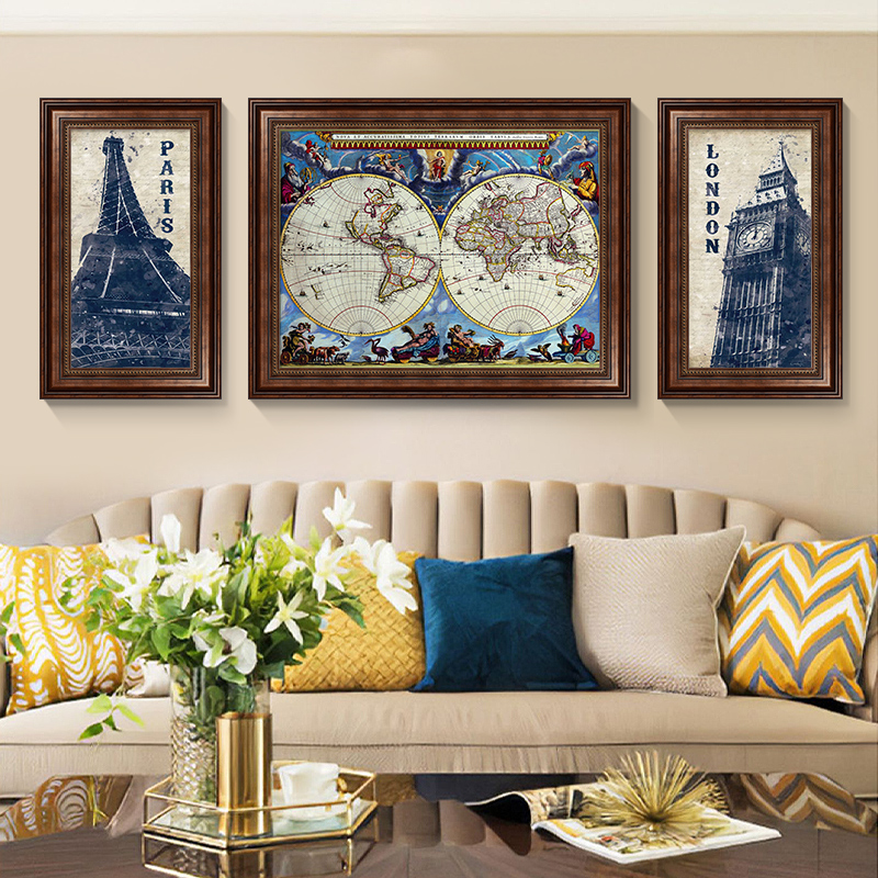 网红客厅欧式复古地图装饰画美式沙发背景墙大气壁画高级感三联画