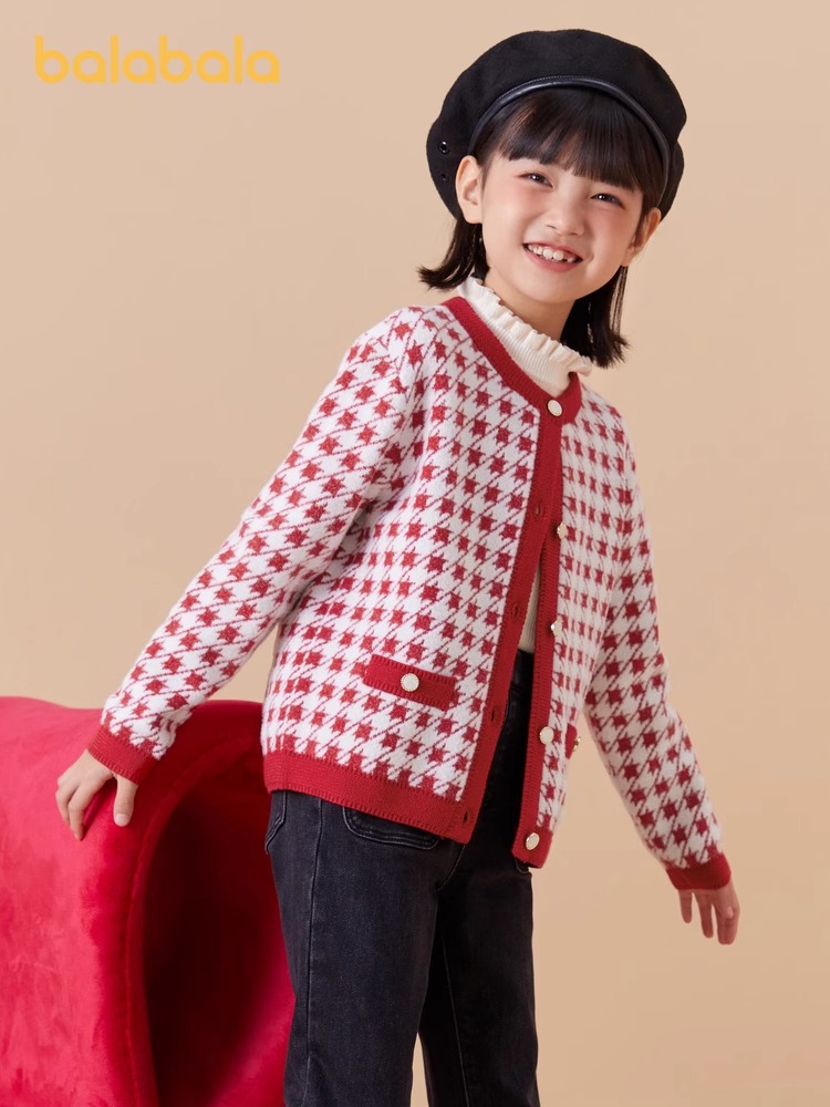 巴拉巴拉女童小香风针织外套2024新款春季红色童装拜年服儿童毛衣