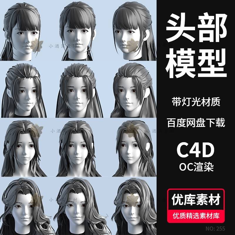 3D女性头部头发型模型MAX/OBJ/FBX/C4D/maya/zb人物脸部雕刻素材