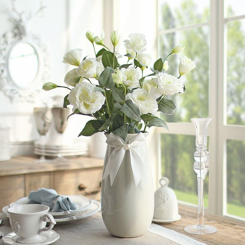 玫瑰花洋桔梗花束客厅餐桌摆花白色玫瑰花假花绿色桔梗花