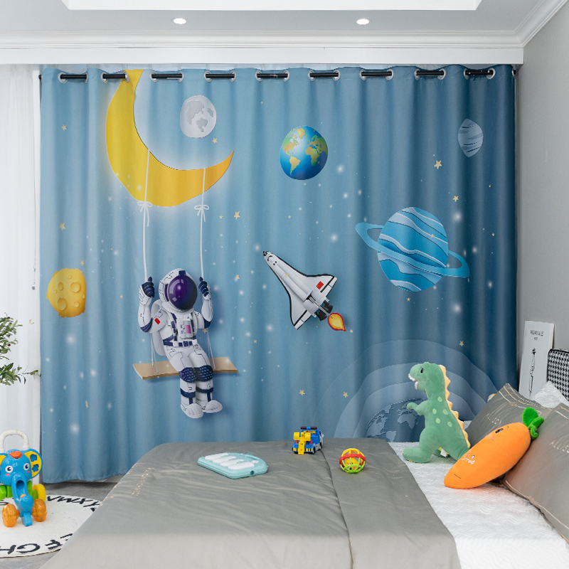 卡通儿童房窗帘男孩卧室太空宇航员2021年新款宇宙火箭星球遮光布