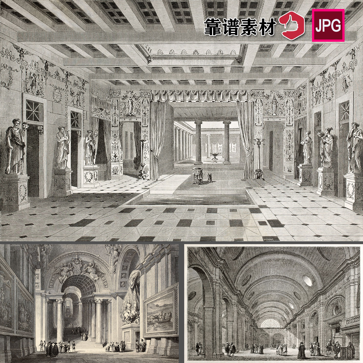欧式古典大教堂大厅建筑手绘素描装饰画JPG图片设计素材