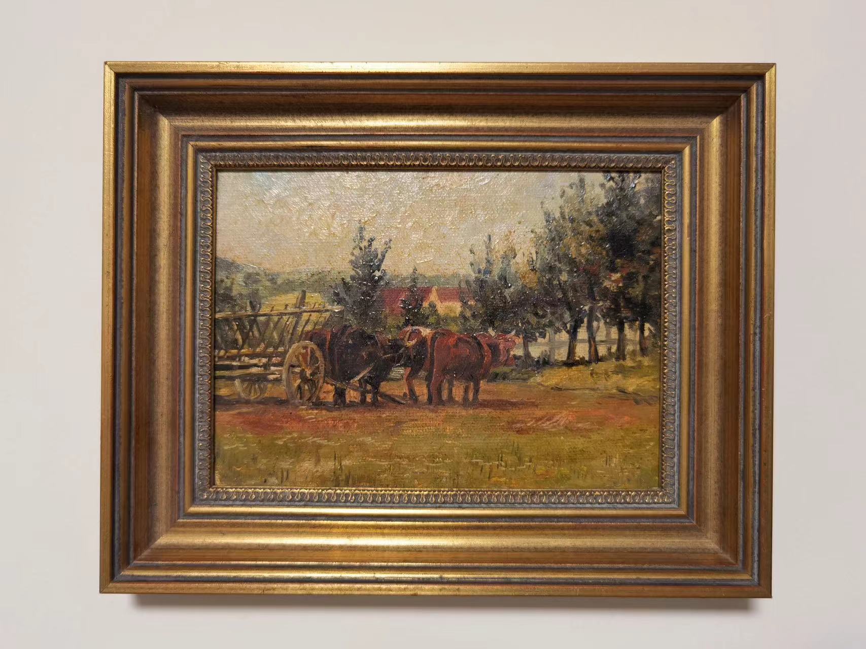 欧洲淘回德国 手绘乡村牛车油画 中古孤品  实木画相框 客厅玄关