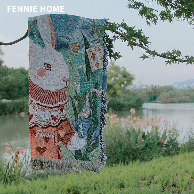 FENNIE阿宁 爱丽丝小兔油画线毯挂毯 空调毯 家具装饰毯 针织复古