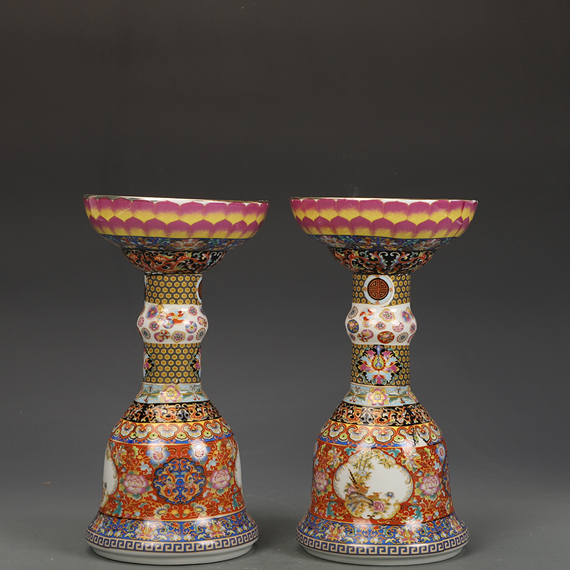 清雍正瓷器珐琅彩烛台一对古董古玩明清老瓷器旧货老货收藏