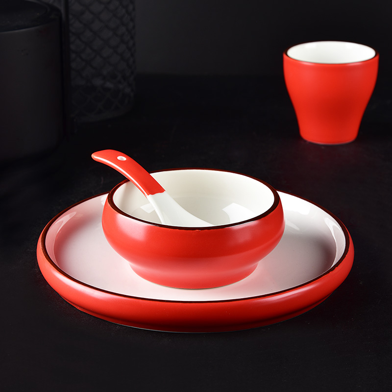 新中式大红色陶瓷摆台四件套时尚餐厅桌面碗碟套装定做Logo一人食