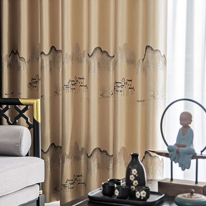 加厚遮光现代轻奢卧室中式客厅中国风大气山水画成品窗帘遮光提花
