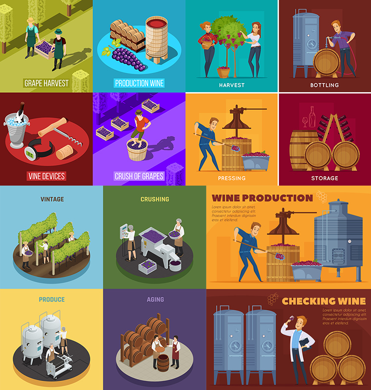 葡萄酒生产插画AI矢量图案 红酒酿酒生产制作场景海报 设计素材