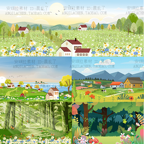意境童话风春天花丛植物草丛美景风景插画背景AI矢量图