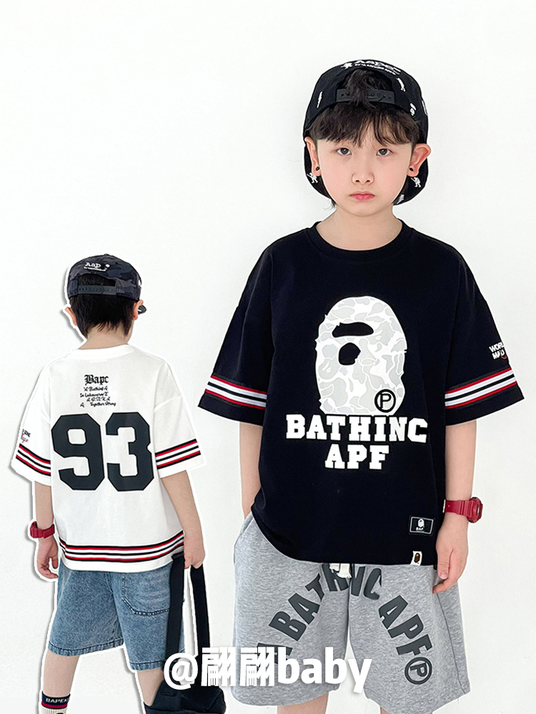 24夏季新款日系潮男儿童装宽松帅气高街织带logo迷彩数字短袖T恤