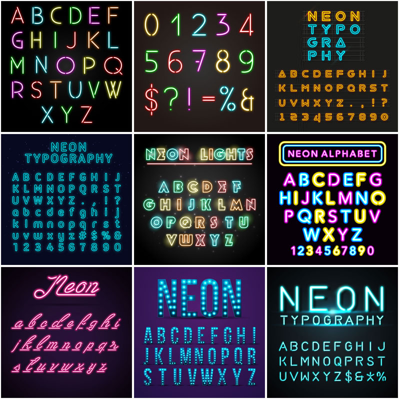 13霓虹灯发光字炫彩字母数字装饰图案LED荧光字矢量平面设计素材