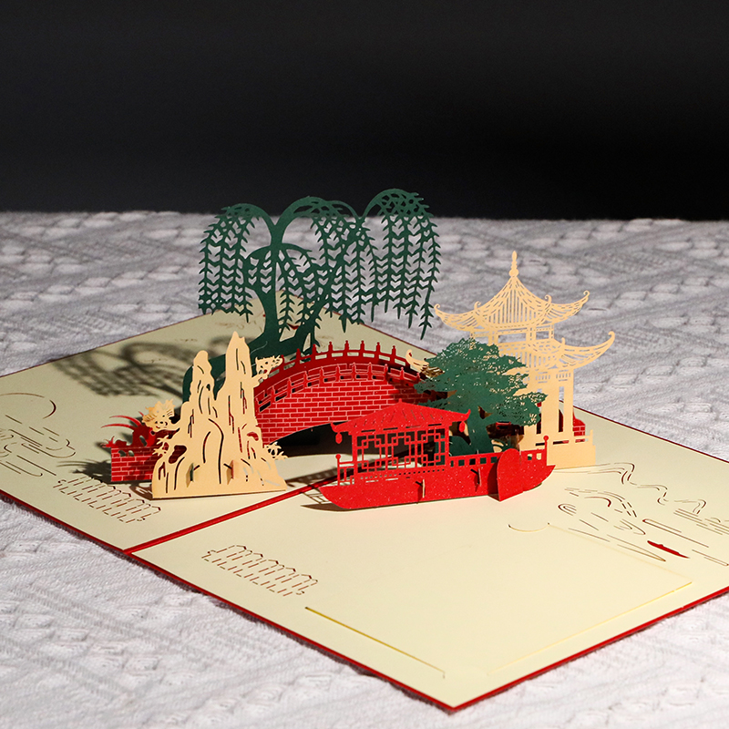 中国风纪念礼物3d立体贺卡高级感纸雕手工送长辈风景建筑创意代写祝福文字龙年文创新年剪纸礼品元旦小卡片