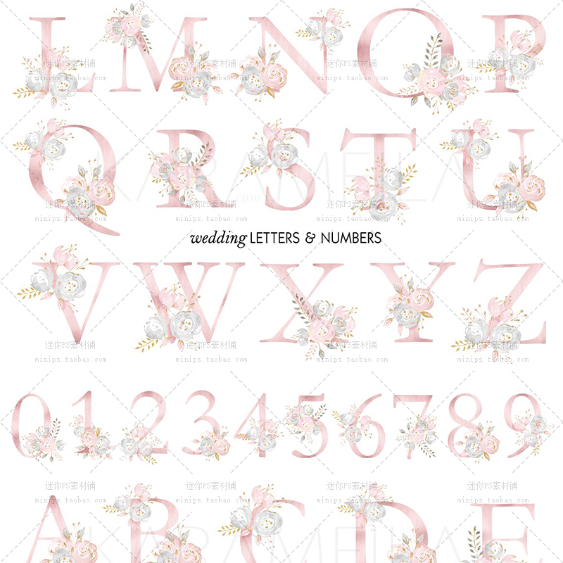 173号粉红色字母图片花朵婚礼祝福卡片海报英文PNG免抠设计素材