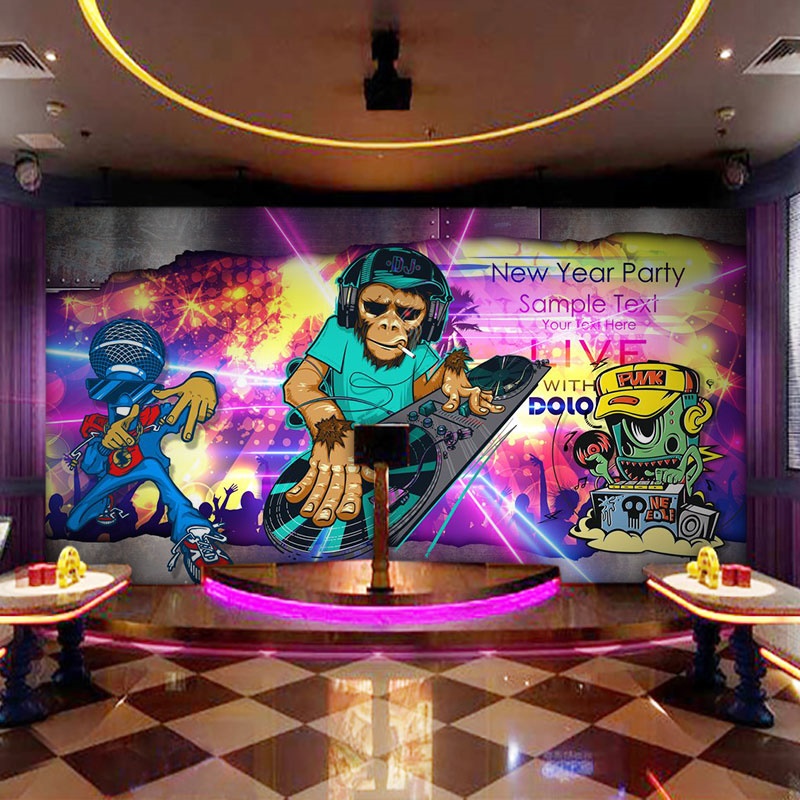 酒吧彩色涂鸦吉他摇滚壁纸KTV包厢嘻哈风格个性创意背景墙纸墙布