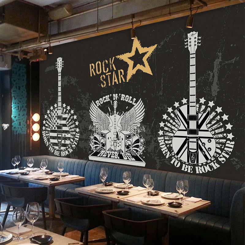 复古个性摇滚音乐壁纸吉他教室背景墙纸音乐餐厅酒吧精酿啤酒壁画