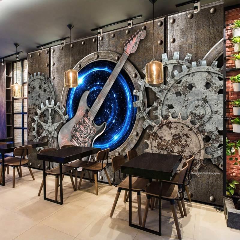 3D立体酒吧工业风摇滚吉他壁纸创意音乐教室壁架子鼓齿轮背景墙纸