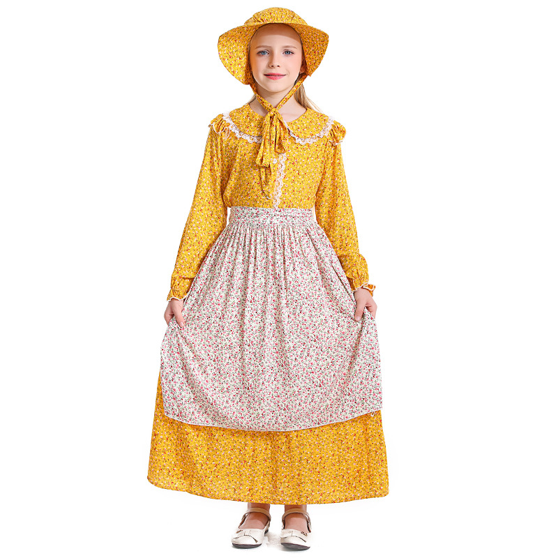 黄色碎花殖民地女孩 亚马逊草原先锋开拓者服装 田园风连衣裙