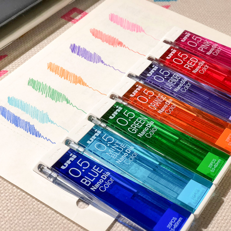日本UNI三菱彩色铅芯0.5多彩纳米铅芯铅笔芯202NDC三菱七彩铅芯浅蓝红紫橙粉绿色小学生自动铅笔笔芯0.7mm