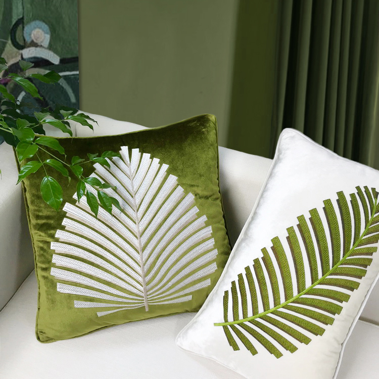 扇叶 美式简美东南亚天鹅绒绣花白色抱枕植物叶子样板间绿色靠垫