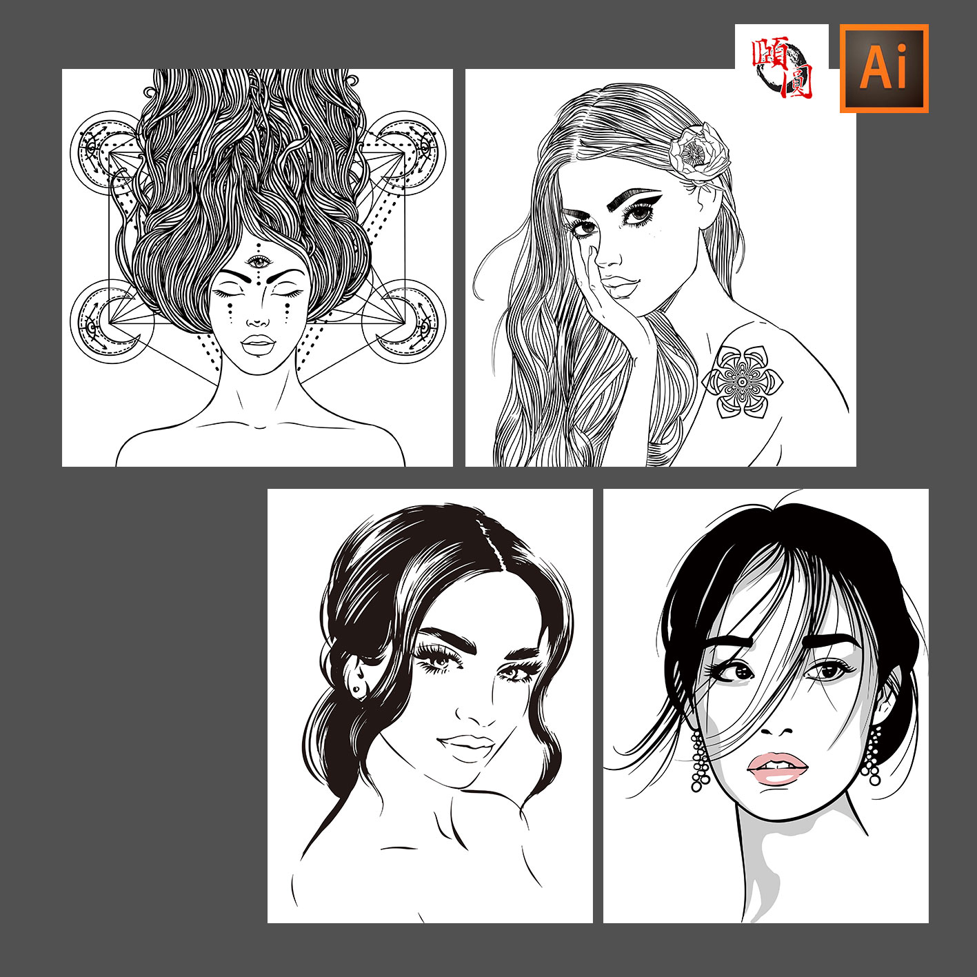 手绘时尚青春女孩美女线稿线描素描人物插图AI矢量设计素材