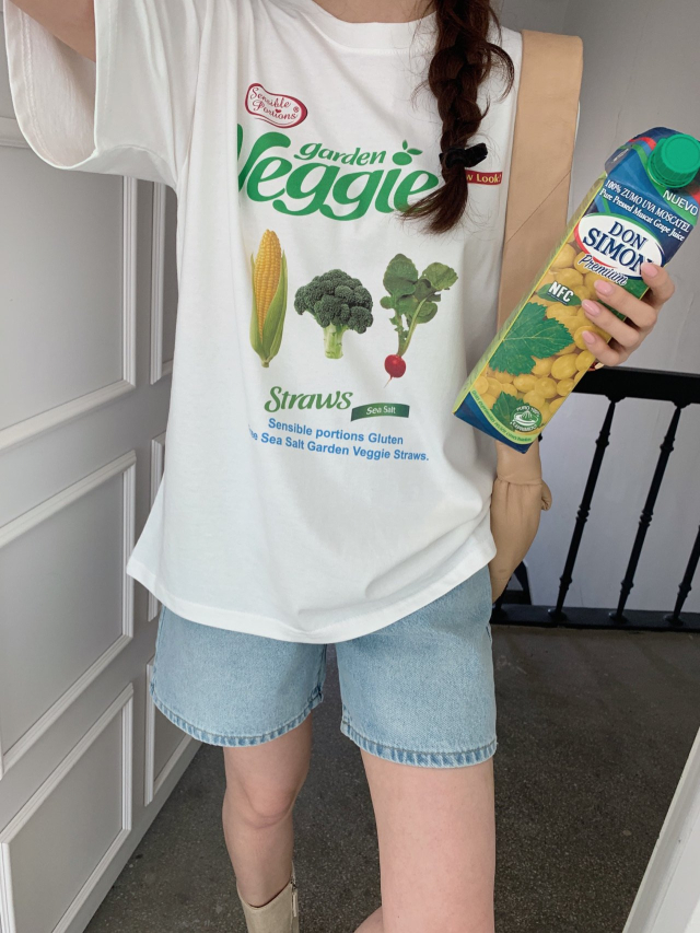 可爱蔬菜印花 ins夏日清新配色短袖T恤 白色休闲字母宽松圆领上衣